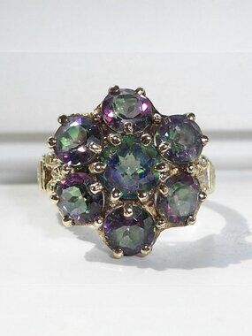 10K Yellow Gold Mystic Topaz 7 Stone Cluster Flower Ring Women's Size 7